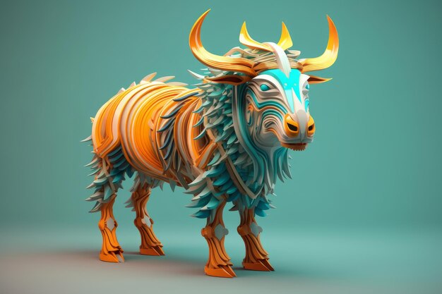 A 3d animal with a blue and orange mane and a white beard.