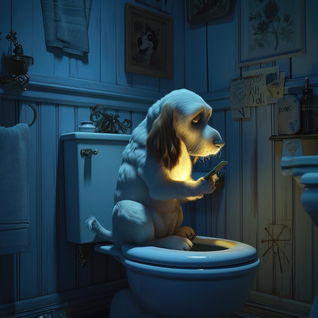 Фото 3d анимационный мультфильм смешной милый персонаж собака с телефоном сидит на унитазе в ванной комнате