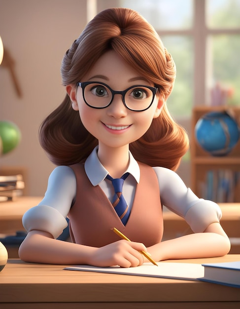 A 3D animated cartoon render of a smiling Cartoon Cute Cartoon Teacher reading book Character