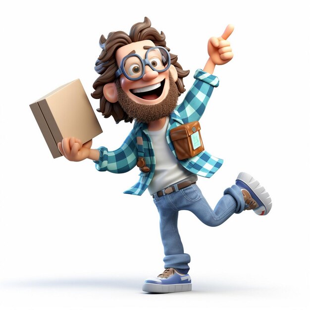 3D animated character that embodies the spirit of joy and excitement hold box AI generated