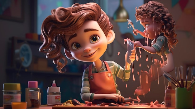 3D animated character with curly hair