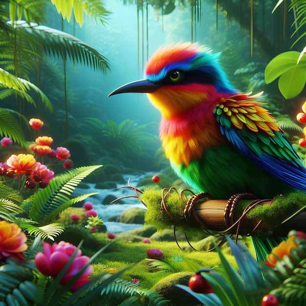 AI 생성의 숲에서 3D 애니메이션 다채로운 새