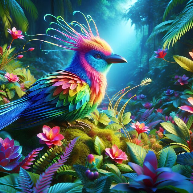 3D animated colorful bird in the forest of an AI generate