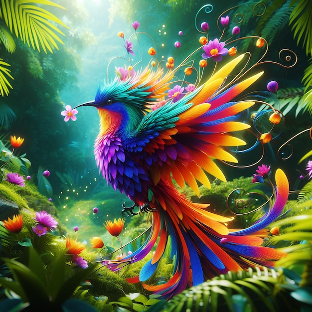 AI 생성의 숲에서 3D 애니메이션 다채로운 새