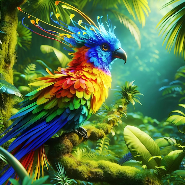 3D animated colorful bird in the forest of an AI generate