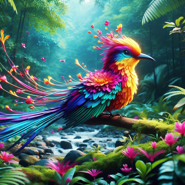 3D animated colorful bird in the forest of an AI generate