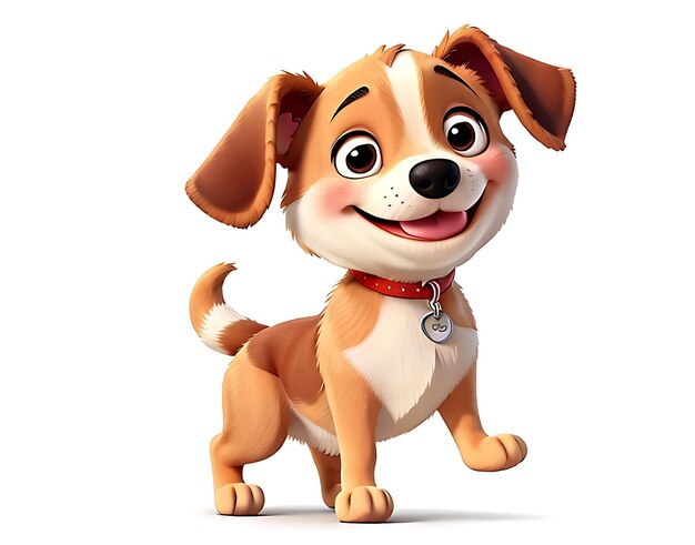 A 3D animated dog with a red collar and a tag that says happy dog generated by AI