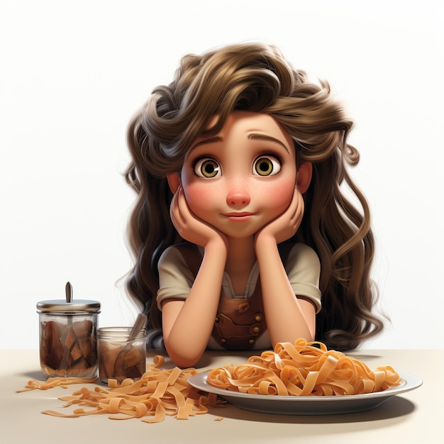 Фото 3d-анимация голодной девушки, сгенерированная в искусственном интеллекте.