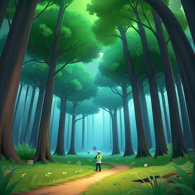 3D animated style green deep forest with the fog illustration landscape Background