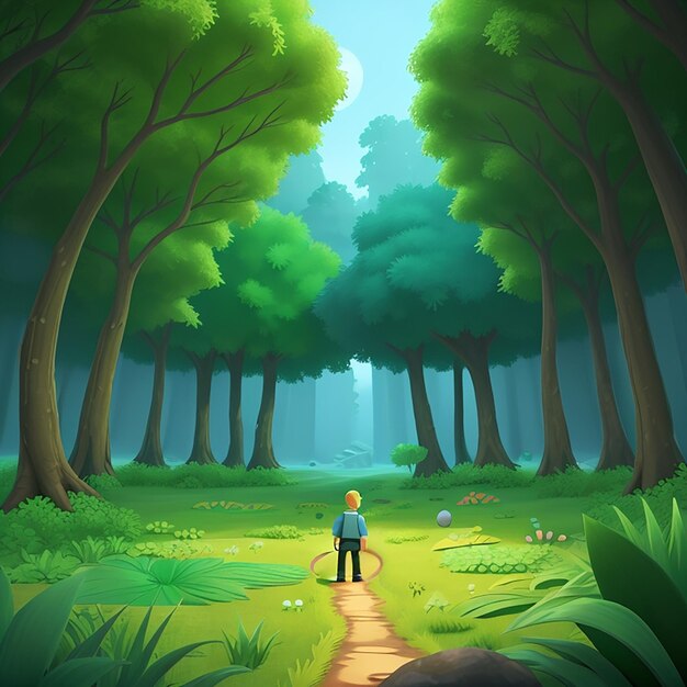 Photo 3d animated style green deep forest with the fog illustration landscape background