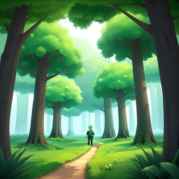 Photo 3d animated style green deep forest with the fog illustration landscape background