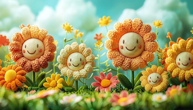 Foto 3d animatie cartoon gelukkige lente bloemen glimlachende geanimeerde achtergrond kleurrijke lente bloemen