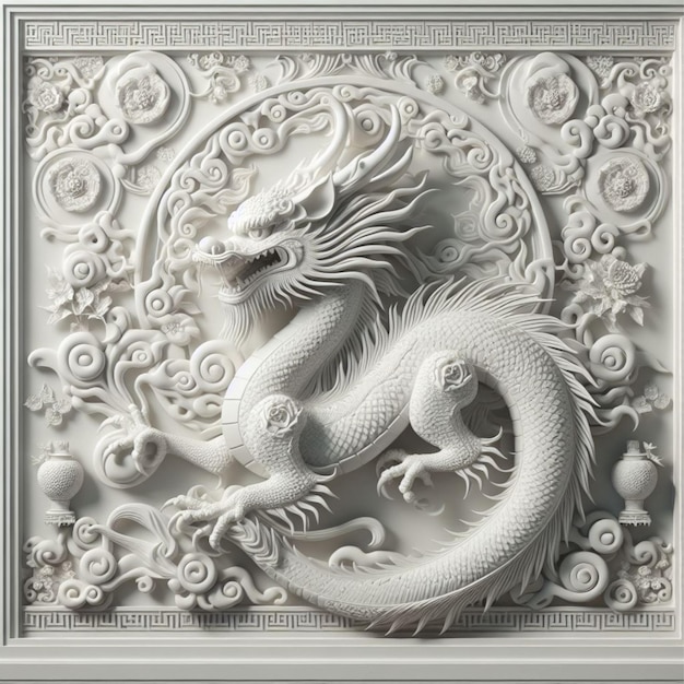 3D-animatie van een witte draak op de muur