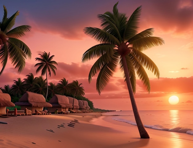 3D-animatie zonsondergang strand van behang