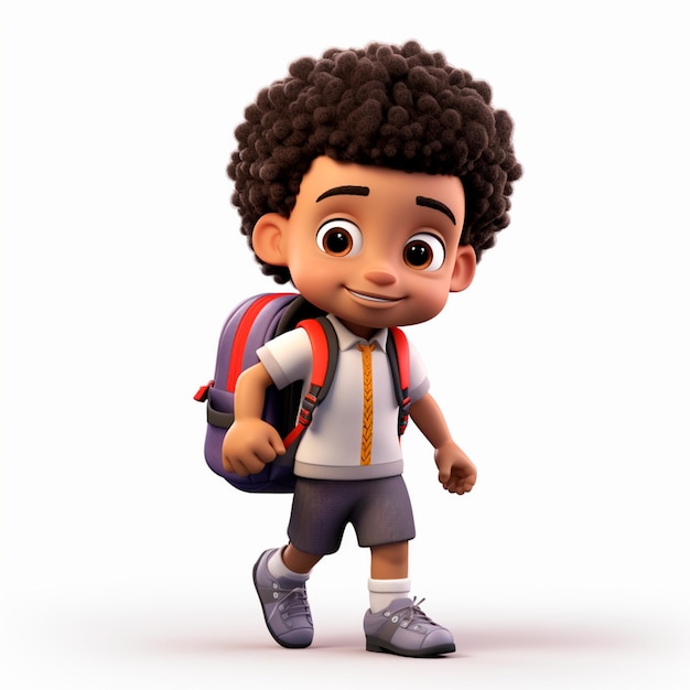 3D animation back to school a black boy with a backpack on his back