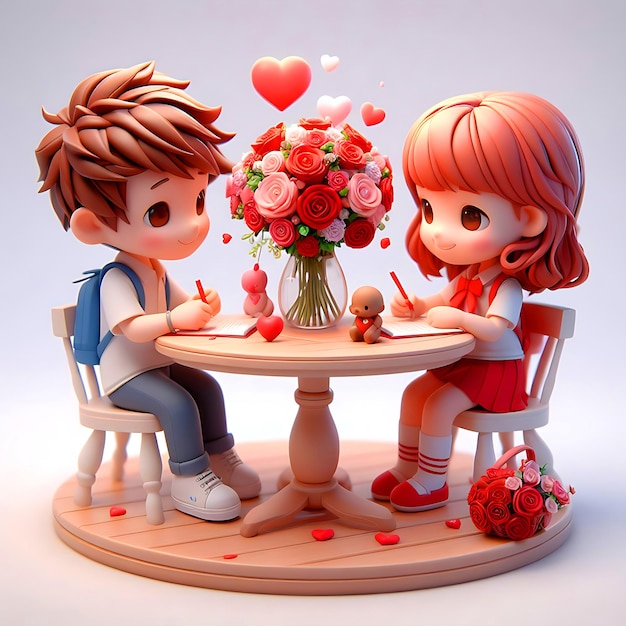 3Dアニメーション ボーイや女の子がテーブルに座っている バレンタインデー2