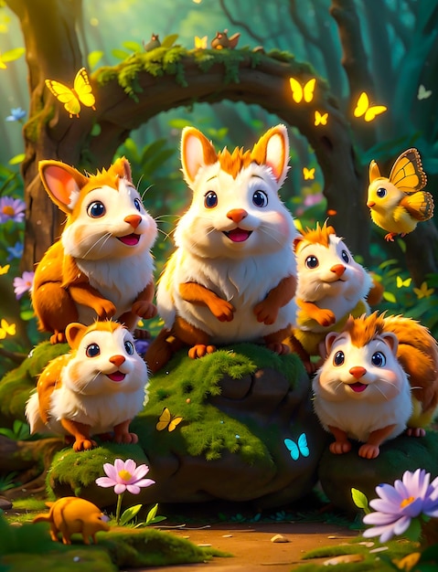 3D Animation bunny group watching golden butterfly