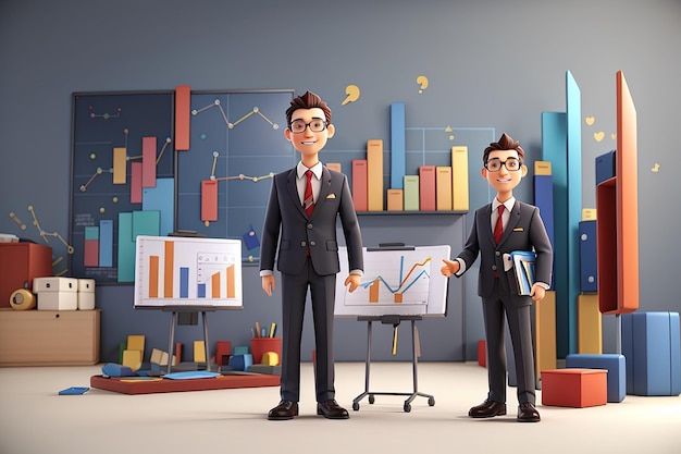 3d animation Businessmen and presentation charts