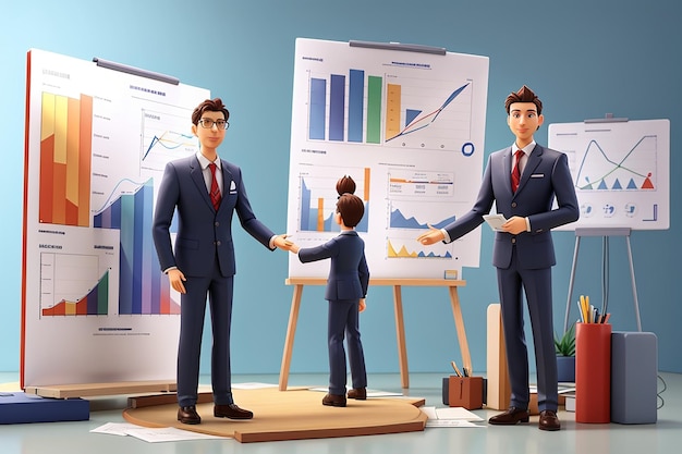 3d animation Businessmen and presentation charts
