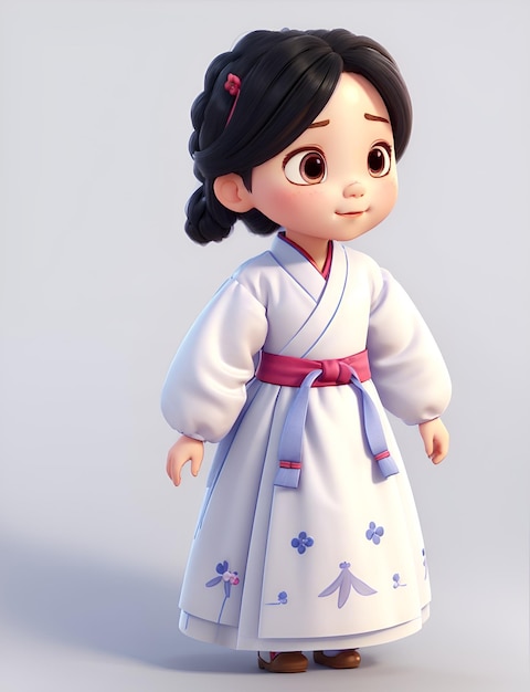 白い表面に韓服を着て立つかわいい子供の 3D アニメーション