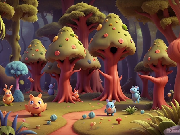 다양한 숲 나무와 함께 3D 애니메이션 숲 장면