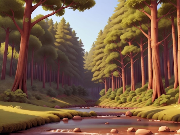 3D Animation forest scene with various forest trees