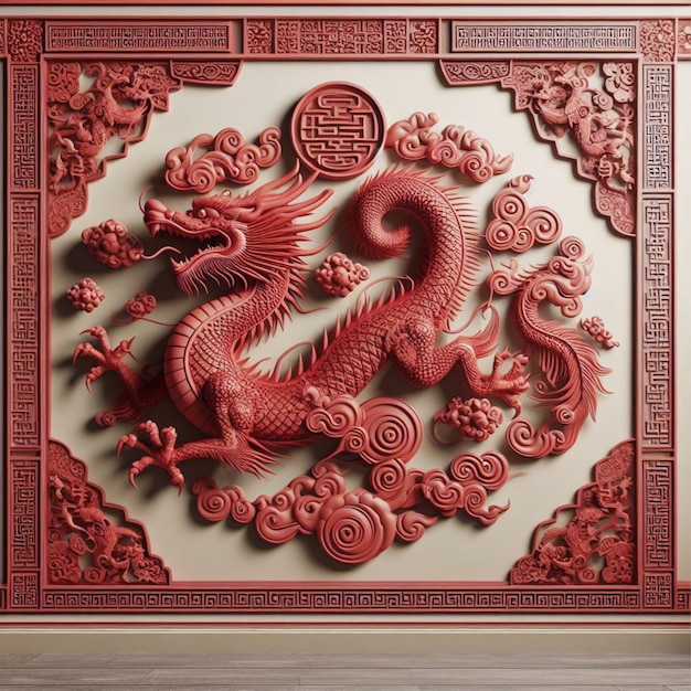 3D animation of a red dragon on wall