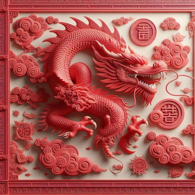 3D animation of a red dragon on wall