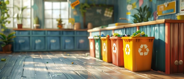 Photo 3d animation of a schools ecofriendly initiatives with students participating in recycling