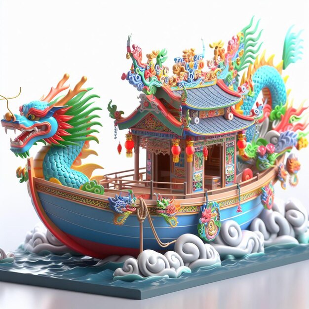 Photo 3d animation of a small boat with a dragon carved