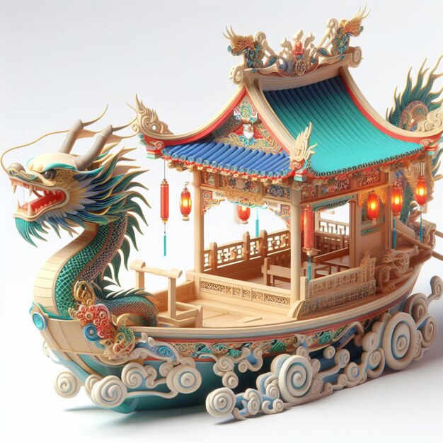 Photo 3d animation of a small boat with a dragon carved