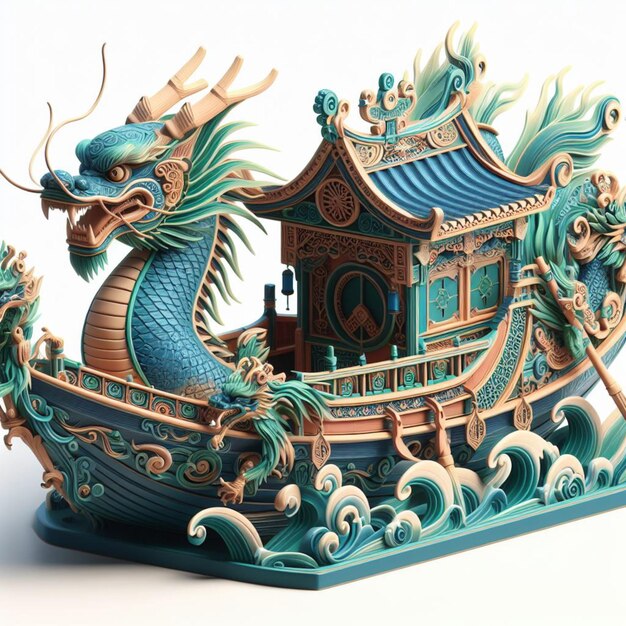 Photo 3d animation of a small boat with a dragon carved