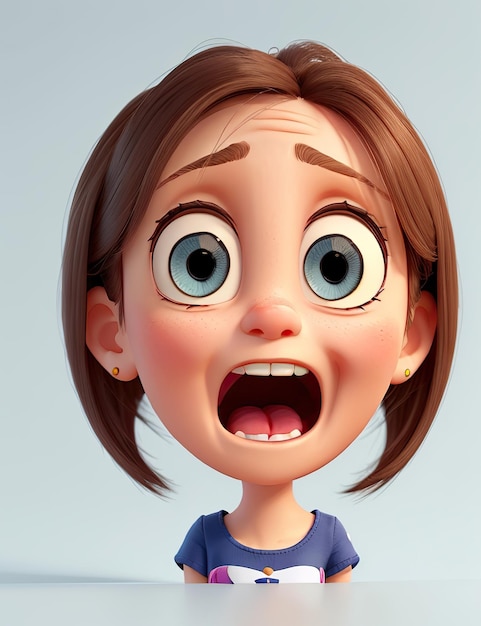 3d animation of startled amazed woman screaming with wide eyes