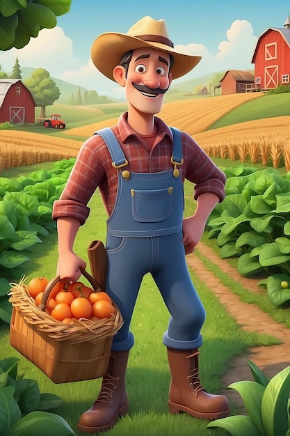 3D Animation Style Cartoon character illustration of a Farmer