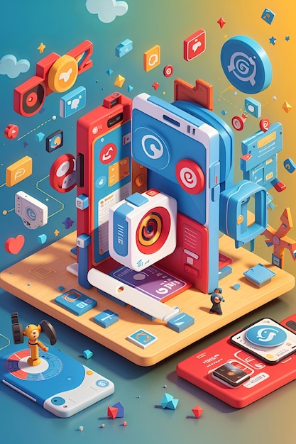 3D Animation Style Flyer with abstract social media theme isometric design