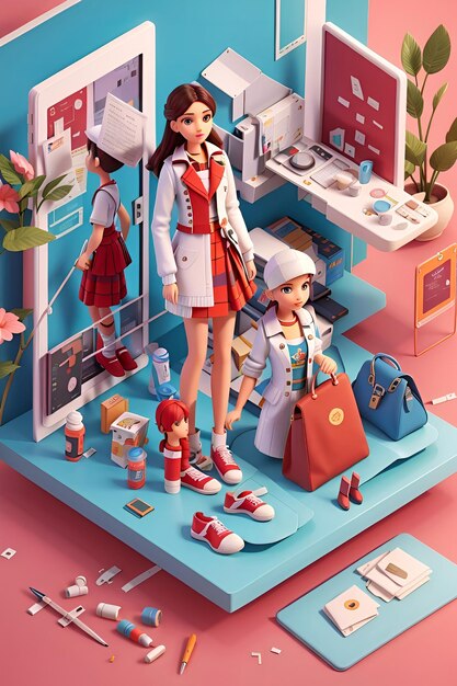 3D Animation Style Flyer with Fashion theme isometric design