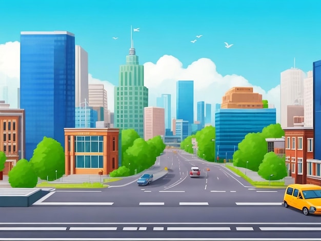 Photo 3d animation style free vector city scene with landscape car and building background generative ai