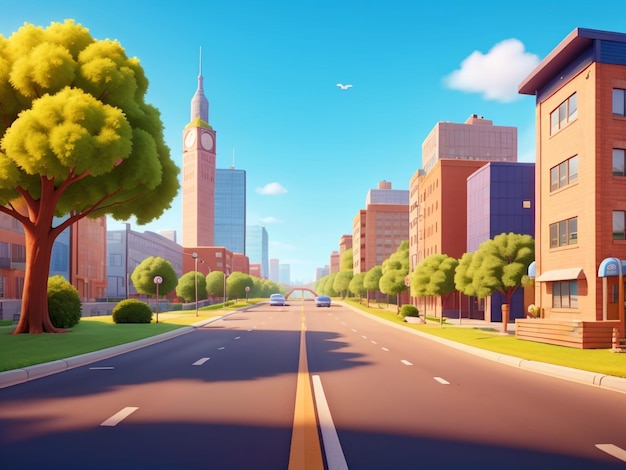 3D анимационный стиль Свободный вектор Городская сцена с ландшафтным автомобилем и зданием на заднем плане