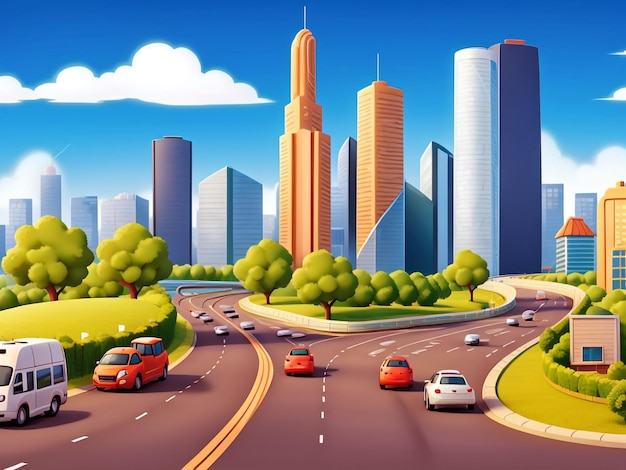 3D Animation Style Free vector City scene with landscape car and building background