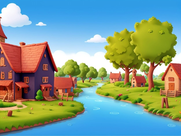 3D Animation Style Free vector village scene with landscape natural background