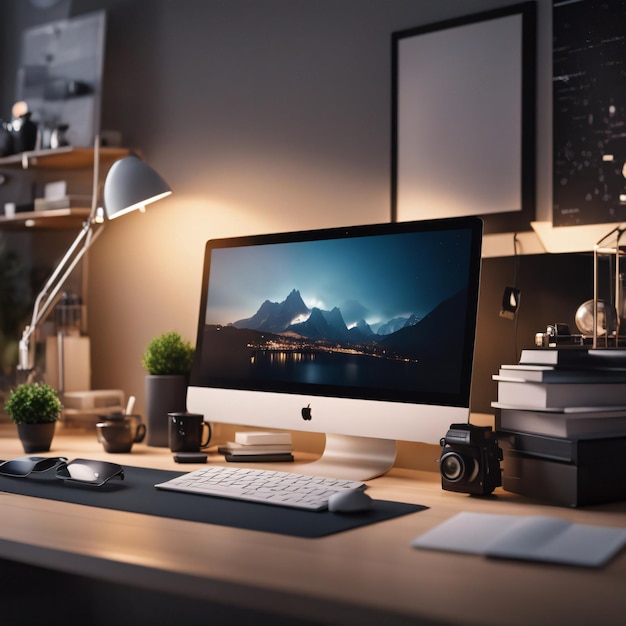 3D Animation Style modern office computer desk composition