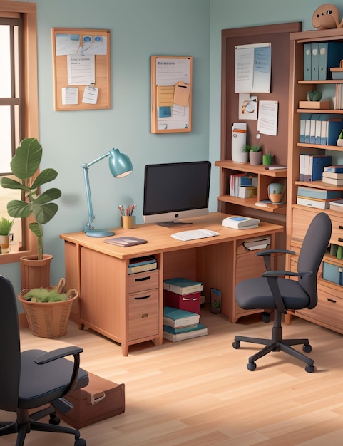 3D Animation Style modern office desk composition