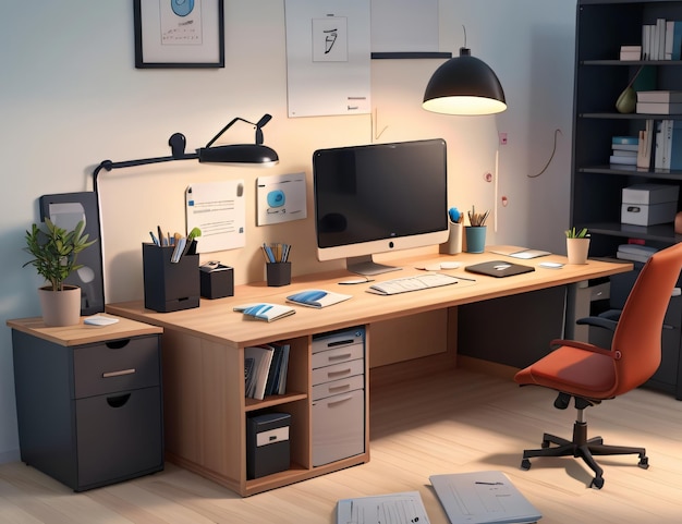 3D Animation Style modern office desk composition