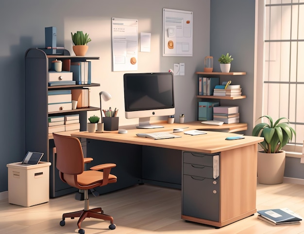 3D Animation Style modern office desk composition