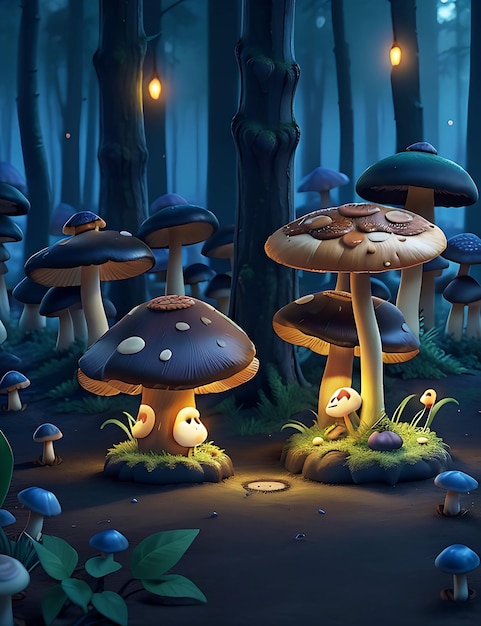 3D Animation Style mushrooms in the night forest ai generated