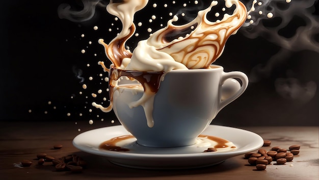 3D Animation Style A steaming cup of coffee with a Milk and Chocolate splash