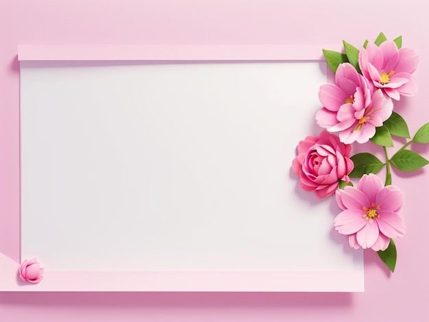 3D Animation Style top view pink frame and flowers