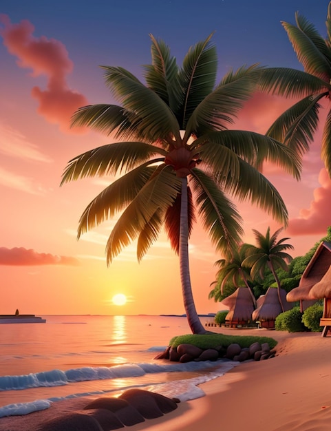 3d animation sunset beach of wallpaper