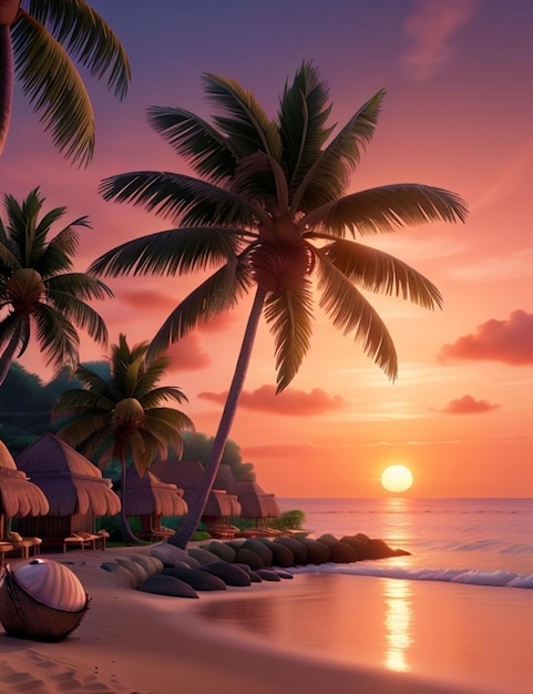 3d animation sunset beach of wallpaper