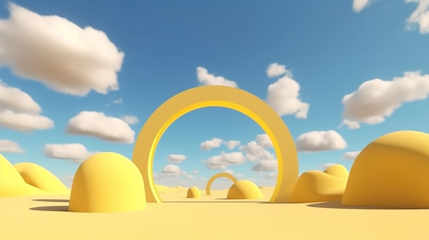 3D animation surreal desert landscape with yellow arches and white clouds Generative AI